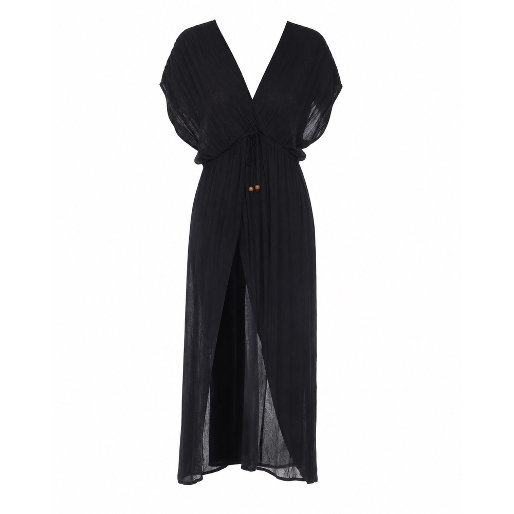 Raviya Sun Black V-Neck Maxi Swim Cover Up Dress with Wooden Beads Large-‎ NWOT